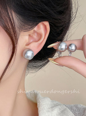 简约气质冷淡风灰色珍珠耳针女时尚个性百搭耳饰蚊香盘无耳洞耳夹