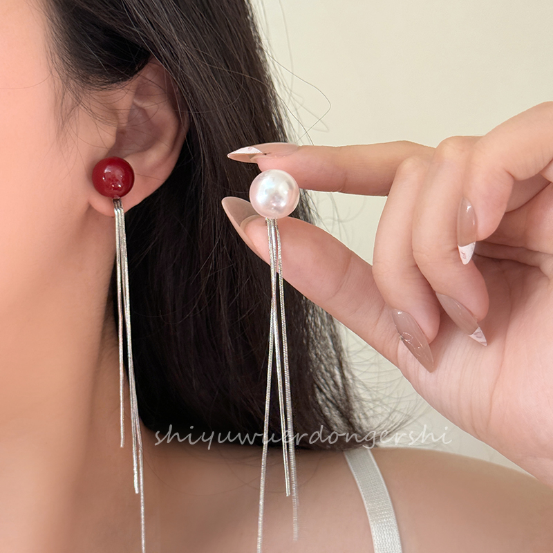 显瘦长款法式珍珠流苏蚊香盘耳夹