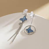 超仙梦幻灵动蓝色蝴蝶耳环不对称流苏长款 耳钉蚊香盘无耳洞耳夹女