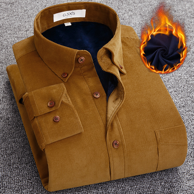 秋冬新款纯棉保暖衬衫男长袖灯芯绒加绒加厚棉袄条绒修身全棉衬衣