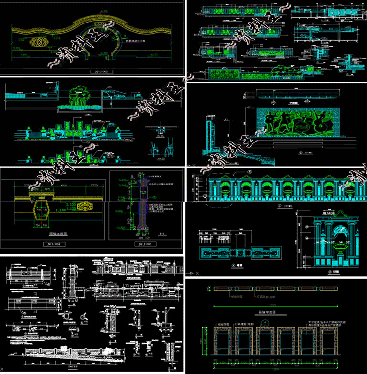 苏州园林围墙院门别墅庭院围栏水幕景墙影壁照壁流水壁CAD施工图