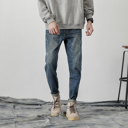 秋季做旧韩版直筒修身磨破小脚裤