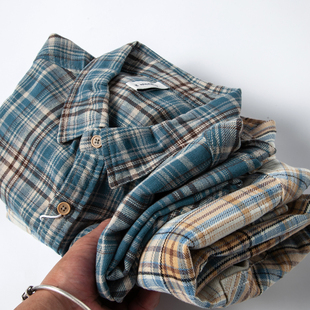 情侣宽松格子条纹衬衣情侣外套男 春秋季 日系复古潮牌格纹长袖 衬衫