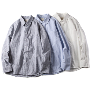 衬衫 日式 休闲长袖 春秋百搭水洗条纹纯棉牛津纺男士 衣 复古日系寸衫