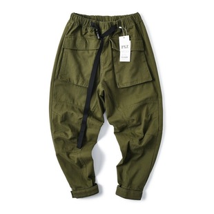 裤 ins潮牌全棉纱卡立体多口袋束脚工装 男 复古军绿色休闲宽松 日式