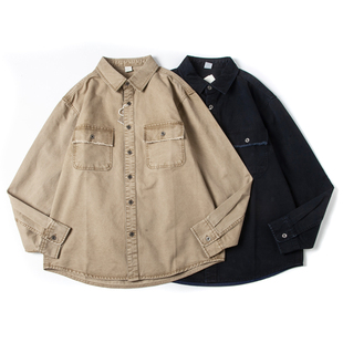 美式复古纯棉纱卡猎装工装衬衫男士休闲重磅厚实宽松长袖衬衣外套