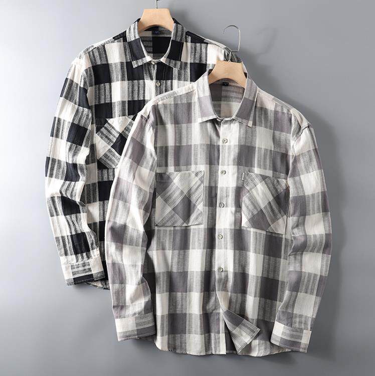 经典黑白格子棉麻长袖衬衫男春夏薄款透气潮牌休闲情侣上衣
