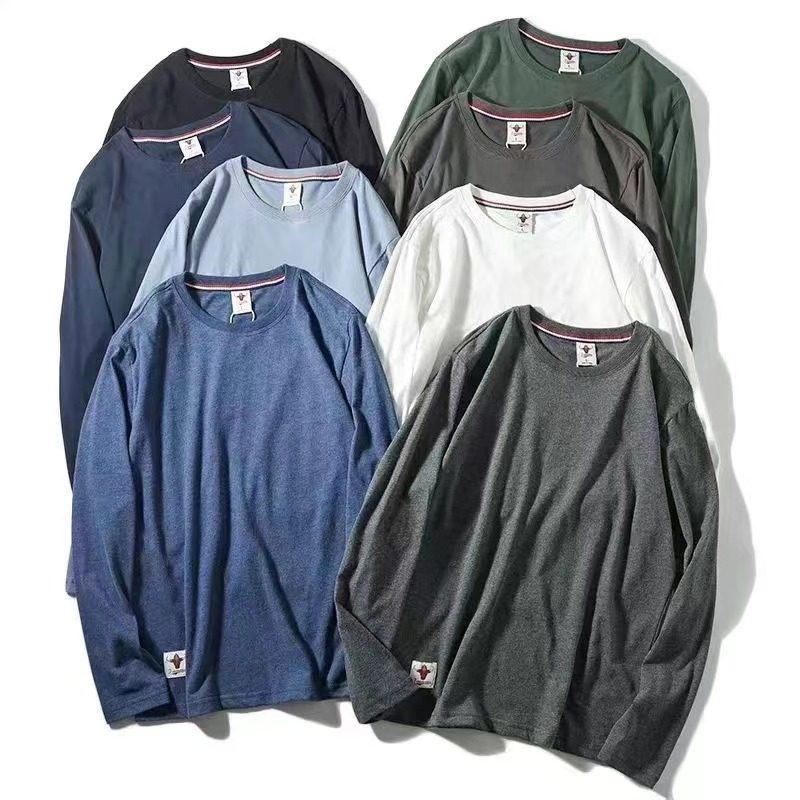 美式复古纯棉磨毛水洗日系男装秋季休闲百搭纯色圆领长袖T恤潮