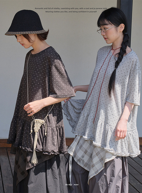 Aoioi【04/18 20:00 2件85折】日系少女波点短袖T恤女夏宽松上衣