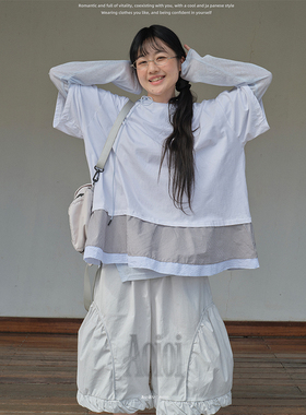 Aoioi【04/18 20:00 2件85折】日系复古宽松格子拼接短袖T恤女夏