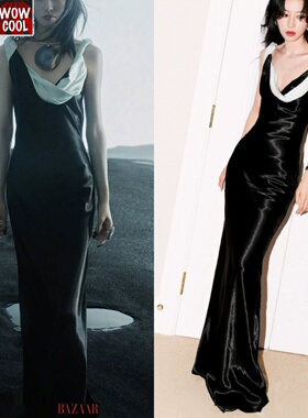 唐嫣杂志封面周雨彤同款礼服裙黑白色连衣裙2024春夏新款女装时尚