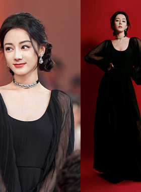 迪丽热巴同款黑色薄纱透视连衣裙女夏季新款法式气质收腰礼服