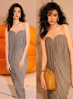 奚梦瑶同款灰色不对称褶皱中长款抹胸连衣裙礼服裙女2024春夏新款