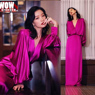 倪妮同款玫红色晚礼服连衣裙性感深v露背高端醋酸缎面女长裙