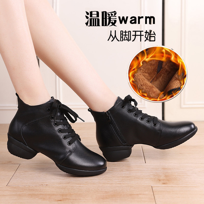 广场舞鞋黑色中跟舞蹈靴加绒保暖