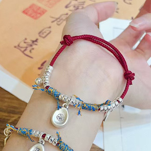 纯银盘缠铃铛编织女手绳简约时尚 999足银平安福牌手链 银手饰品