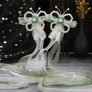 儿童绿色清新汉服头饰女珍珠蝴蝶飘带流苏发夹古风仙气古装发饰