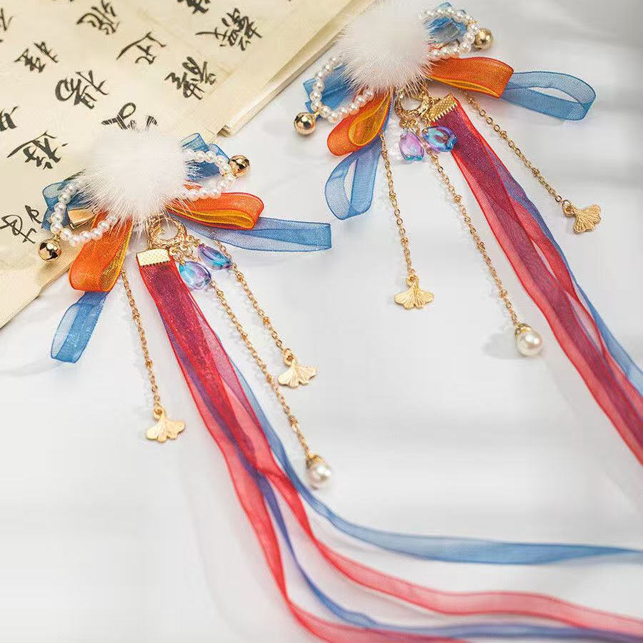 女童汉服发饰水貂毛球发夹图片