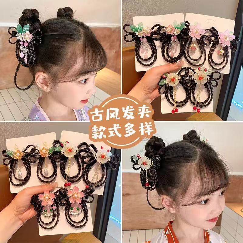 女童古风花朵假发辫发夹