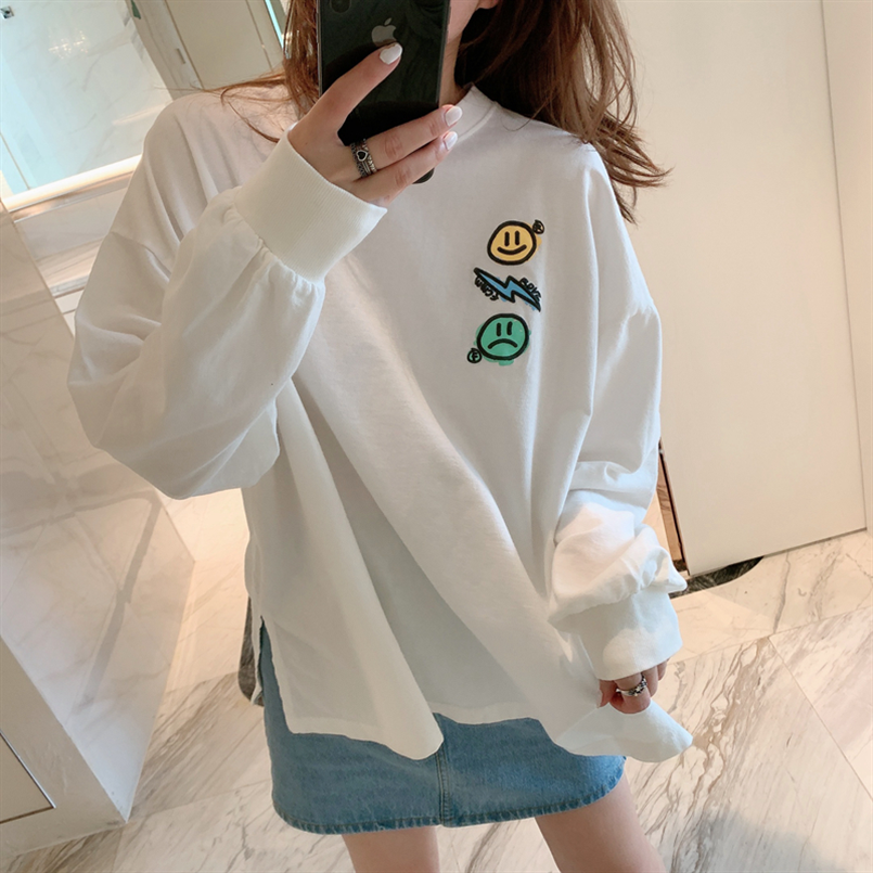 韩国东大门春秋季新款女装白色后背发泡字母黄绿小笑脸长袖T恤 女