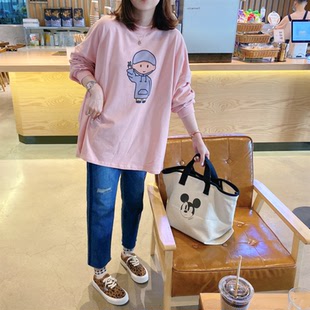 韩国东大门新款2025年春秋中长款宽松上衣可爱卡通粉色卫衣女薄款