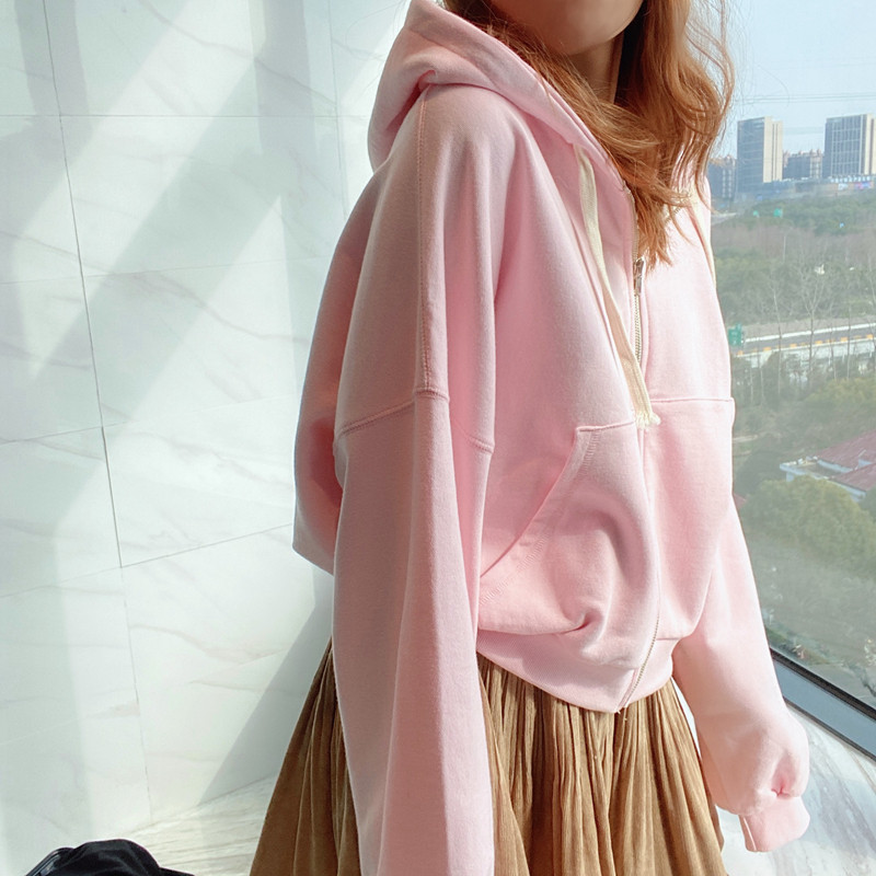 嫩粉色纯色连帽开衫卫衣外套女图片