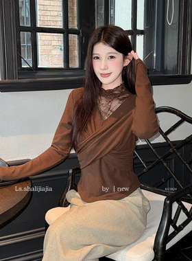 LS 优雅气质蕾丝拼接小衫上衣女 广州十三行25秋冬新品女装61182