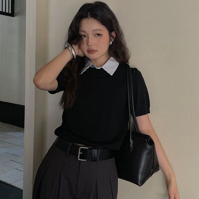 FONE简禾2024早秋文艺通勤可拆卸衬衫领假两件短袖针织衫女28626