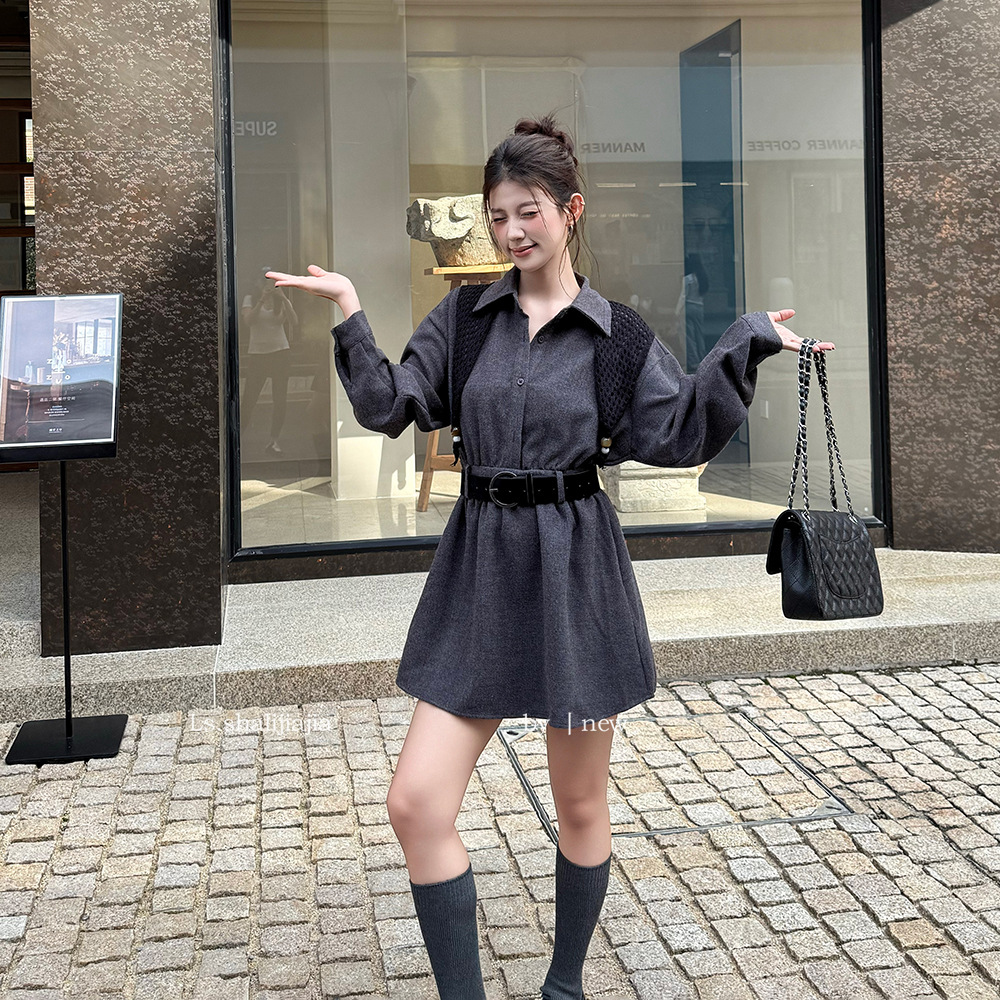 LS述致衬衫连衣裙女2025秋冬新款收腰减龄A字短裙配腰带女装