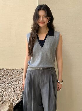 FONE简禾2025春新款复古撞色POLO领针织马甲背心女无袖内搭29079