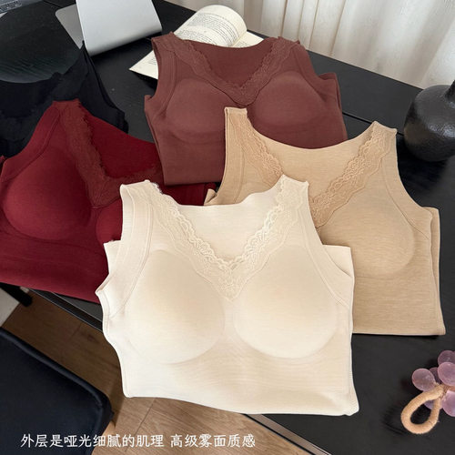 羽毛绒山茶花保暖背心女无痕带胸垫免穿文胸修身恒温打底V领上衣