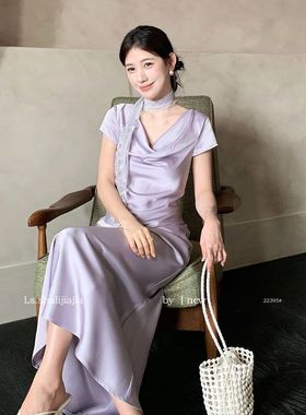 LS述致 高级感醋酸质感缎面连衣裙女2025年夏季新款惊艳长裙22395
