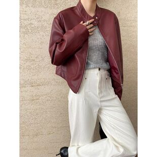 司南 摩登安克拉红 机车风立领气质百搭夹克皮衣外套短款 SN6412