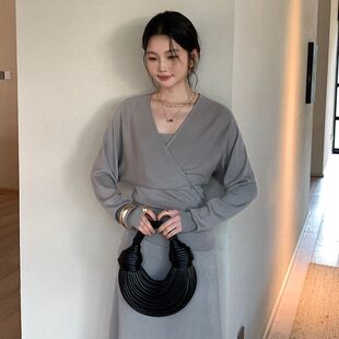 女9015 V领针织开衫 FONE简禾2025春夏新款 设计感交叉天丝披肩短款