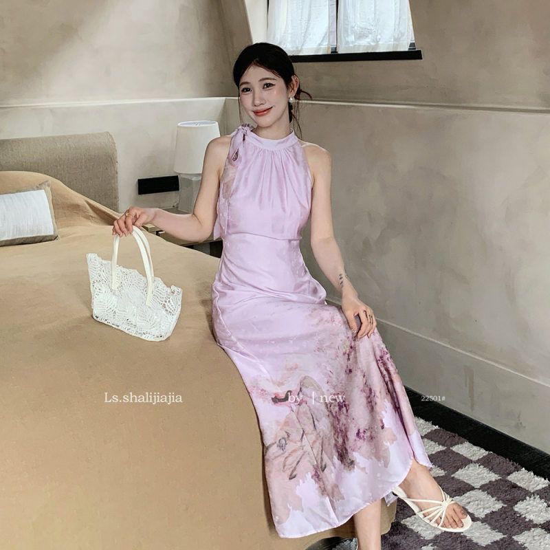 LS述致 新中式国风水墨无袖挂脖连衣裙夏季海边绝美度假长裙22501