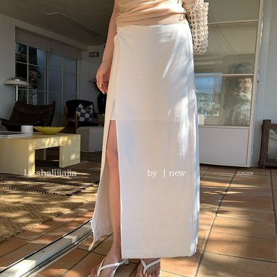 LS 度假风纯色开叉设计高腰半身裙广州十三行2026春新款半裙22920