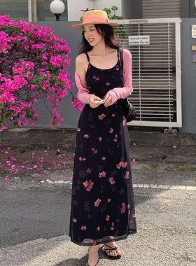 秀熙熙2025春夏新款纯欲网纱高腰吊带连衣裙度假印花裙子女88218