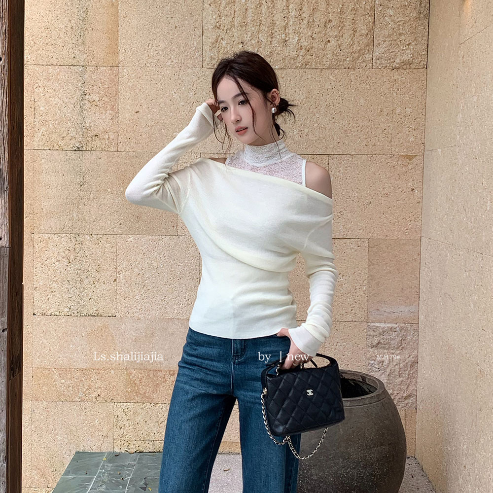 LS 优雅气质蕾丝拼接圆领小衫 广州十三行2025早秋新品女装M2179