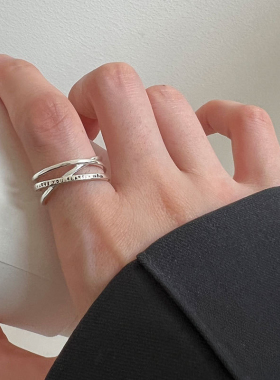 925纯银英文字母多层交织戒指简约复古工艺几何相交开口指环J0295