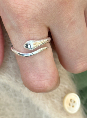 999足银灵蛇纯银戒指素圈可调节本命年蛇生肖女款个性过年戴指环