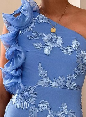 小俞家 hello moll* 度假风蓝色单肩立体花网纱连衣裙修身气质裙