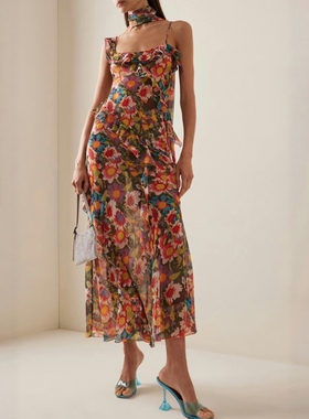 小俞家 SOUR FIG* 法式茶歇雪纺碎花木耳边吊带长裙2025夏季新款