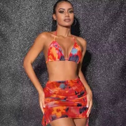 小俞家 性感纯欲风热辣红色印花比基尼上衣配抽绳半裙套装辣妹夏