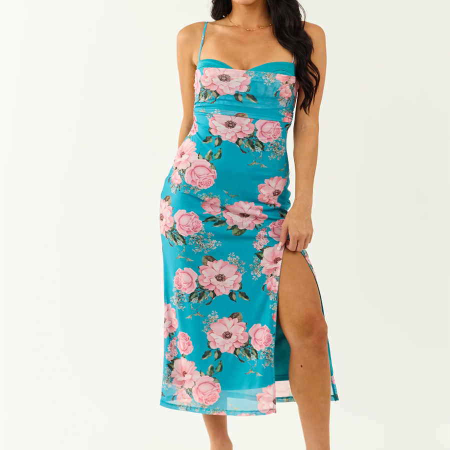 小俞家 蓝色大花网纱长裙收腰开叉连衣裙欧美度假粉色辣妹