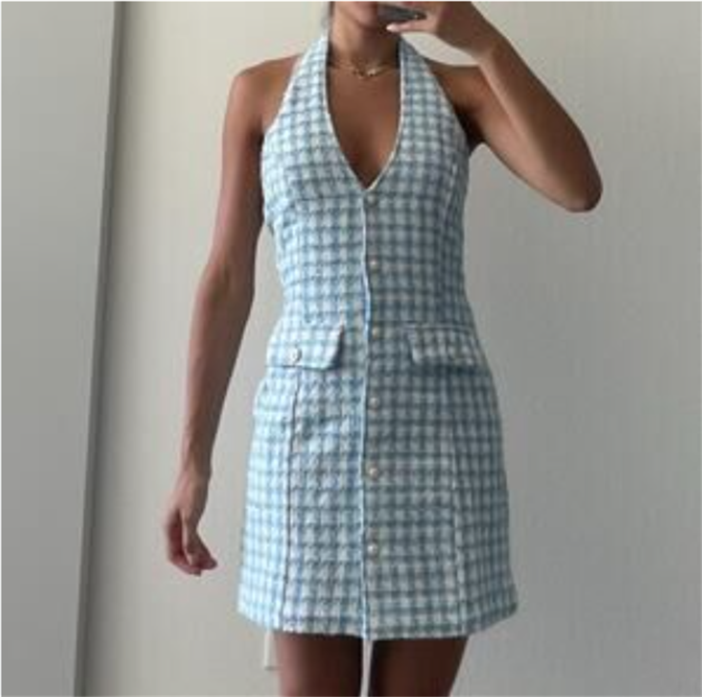 小俞家 skylar ro**小香风千金蓝格挂脖深V露背连衣裙气质修身夏