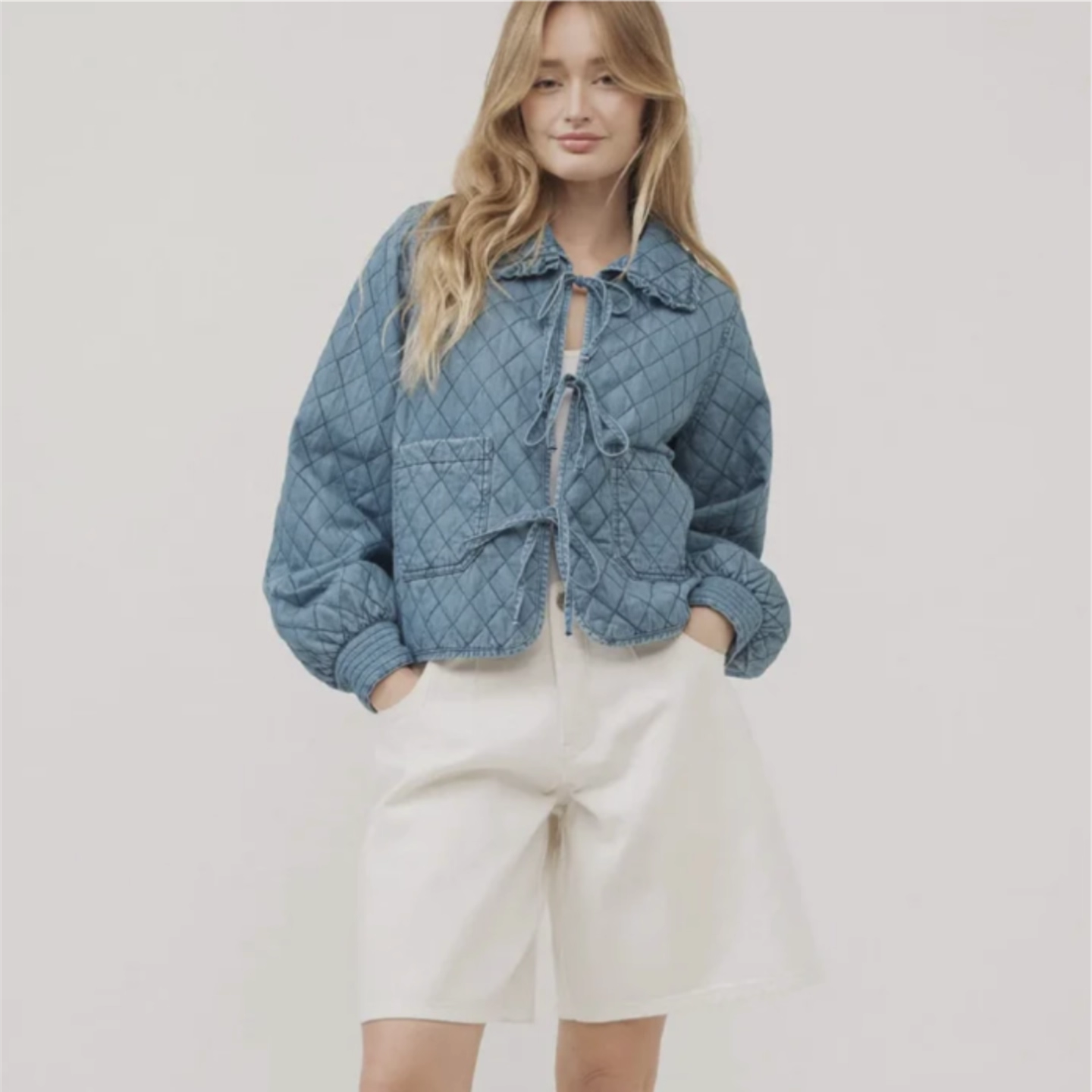 小俞家 Aar*n & Amb*r 甜美可爱风娃娃领牛仔蓝蝴蝶结薄款棉服秋