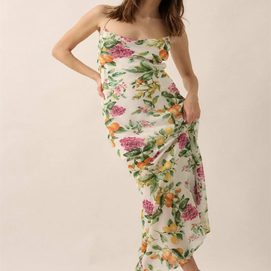 小俞家 prome*家花花吊带荡领长裙露背绑带连衣裙度假收腰性感