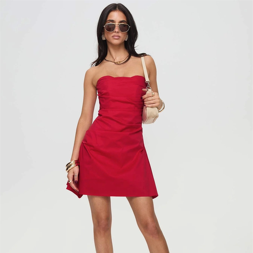 小俞家 Princess poll* 休闲度假带鱼骨红黑双色抹胸收腰连衣裙夏