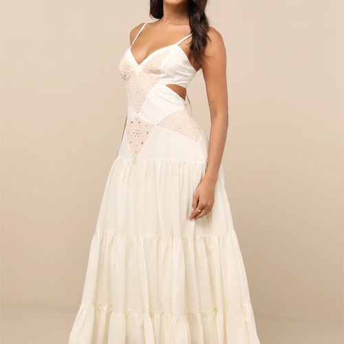 小俞家 lulu*家米色吊带没事复古白色连衣裙修身露背显瘦长裙