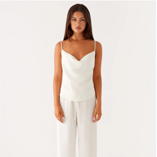 小俞家 MAY 性感慵懒风缎面荡领吊带配松紧腰宽松长裤 夏 PEPPER